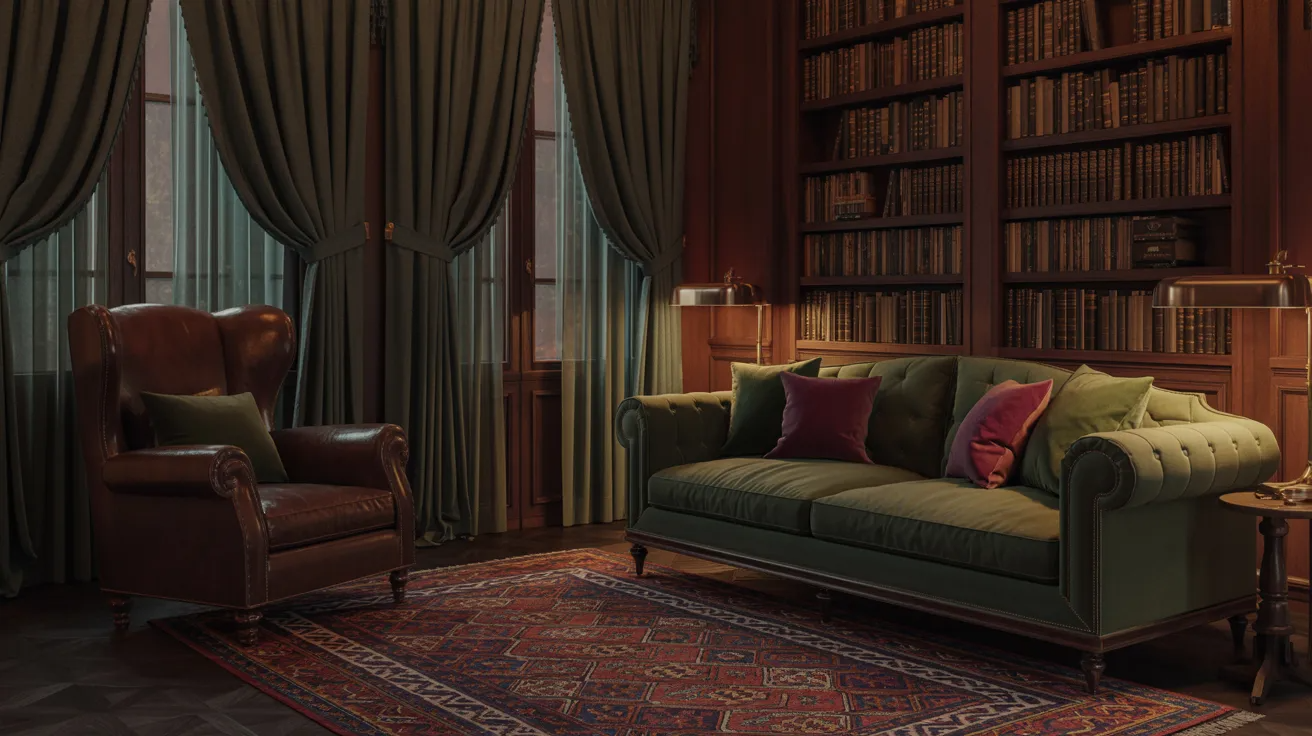 A cozy living room featuring a green couch and matching chair, creating a welcoming atmosphere.
