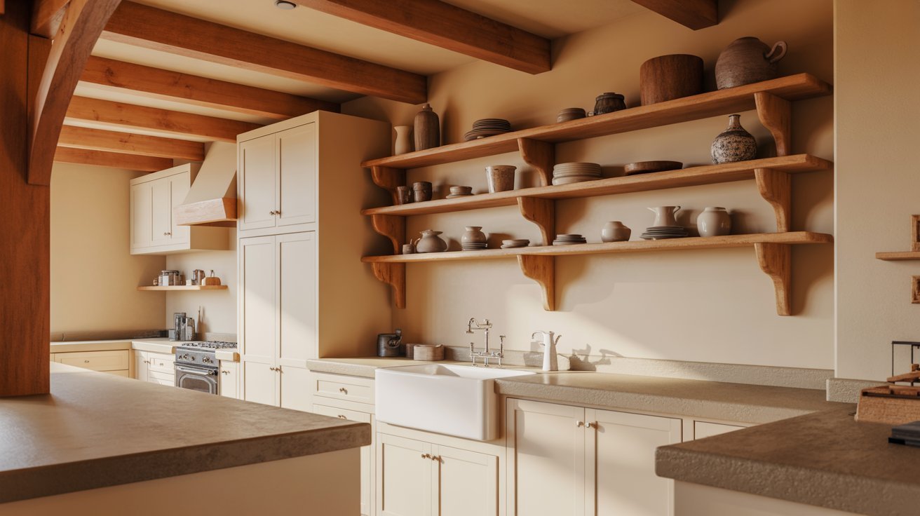 A cozy kitchen featuring wooden beams and shelves filled with various kitchenware and decorative items.