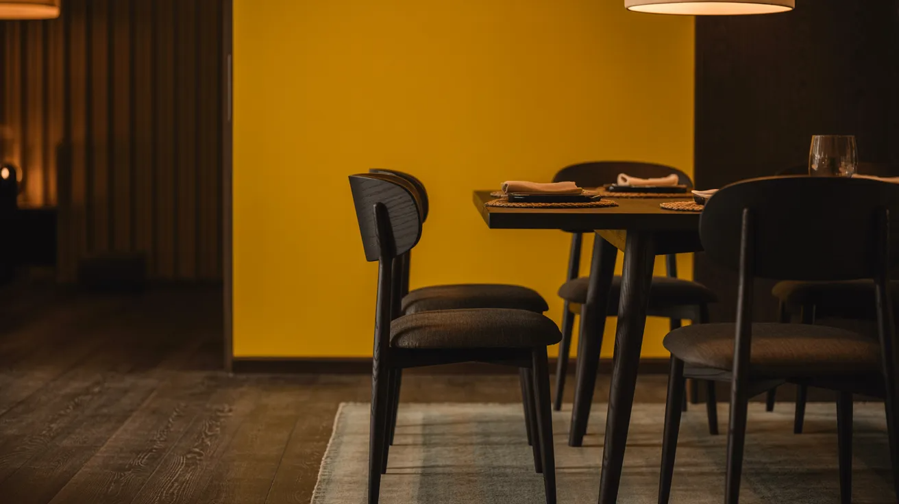 A well-set dining table with chairs and a decorative lamp providing warm light.
