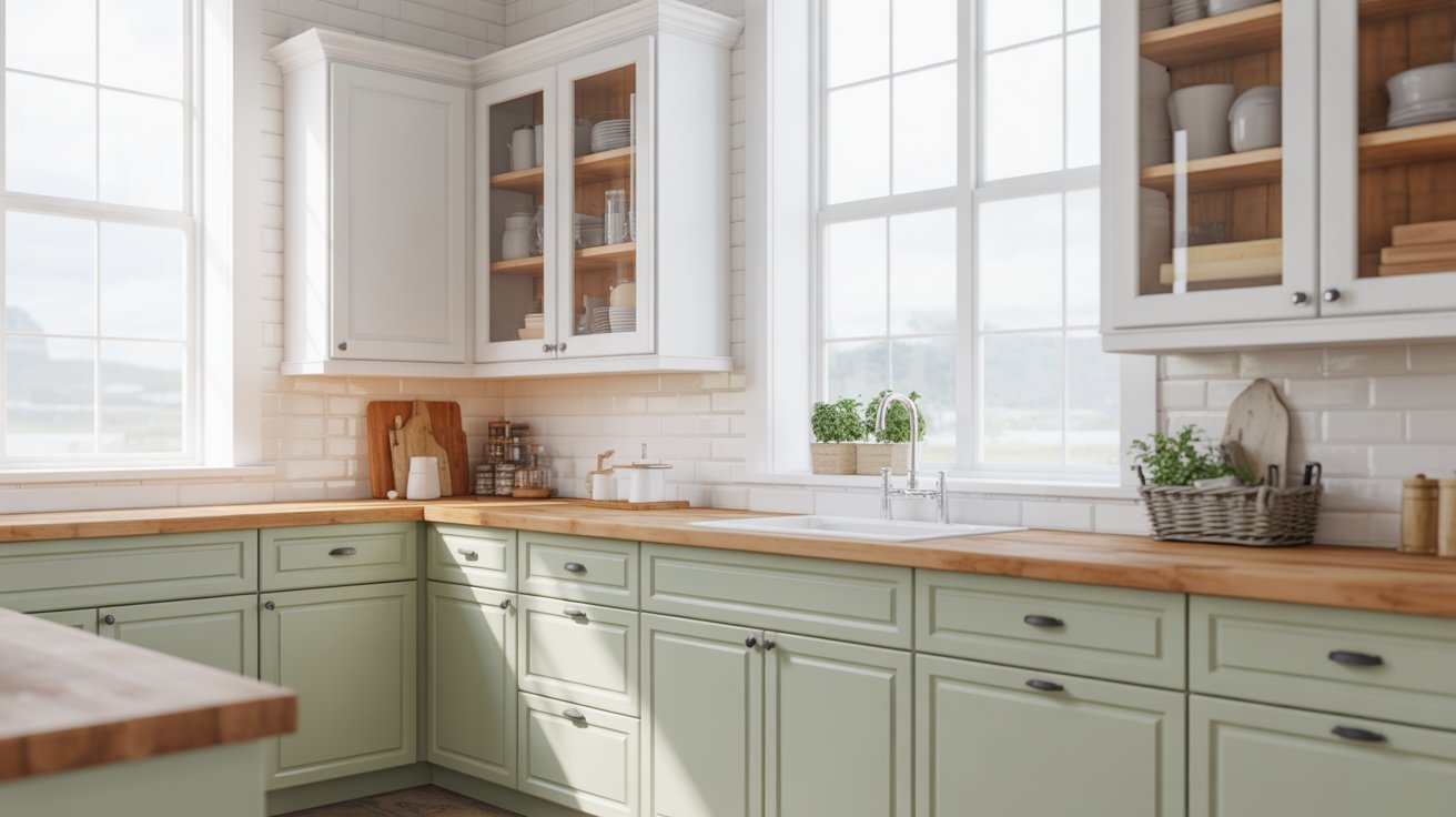 A kitchen featuring green cabinets and wooden countertops, creating a warm and inviting atmosphere.