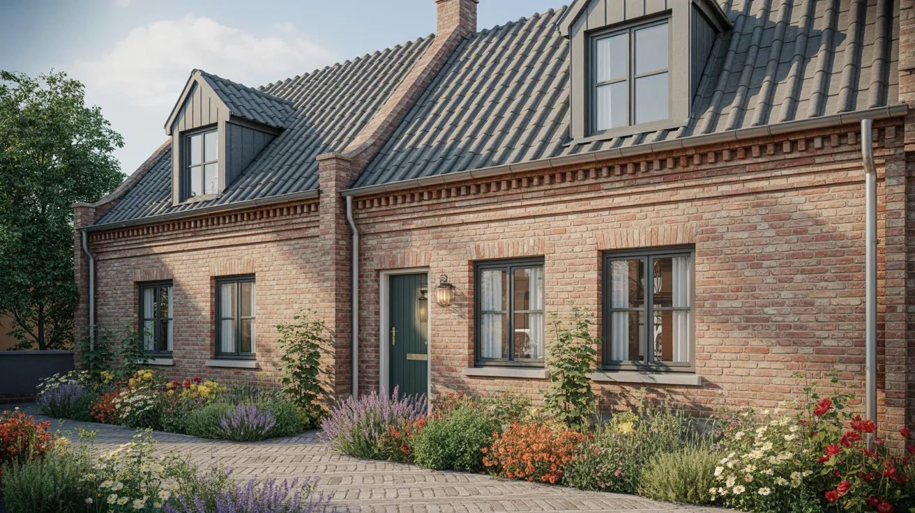 A brick house surrounded by a vibrant garden filled with colorful flowers.
