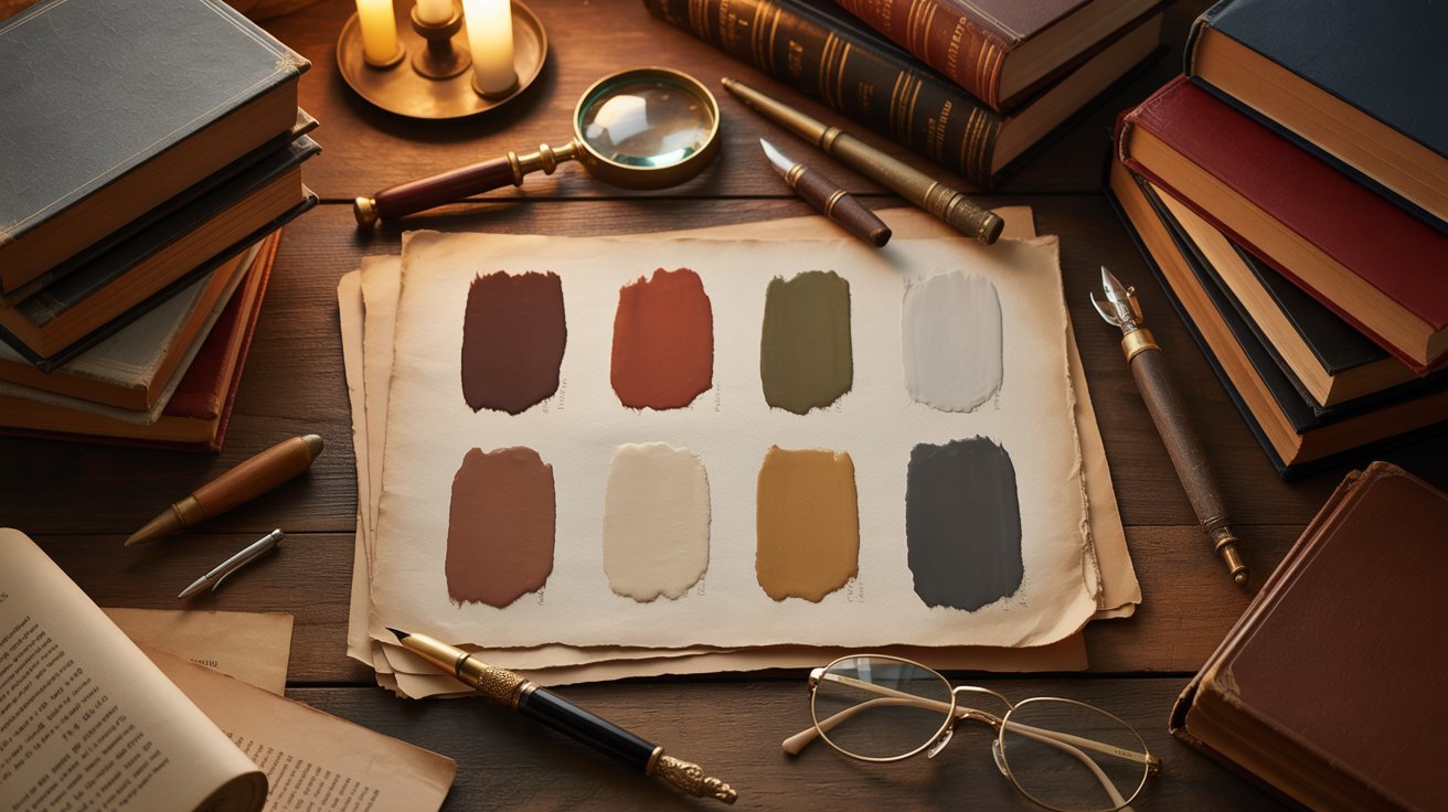 An old book with a colorful cover featuring various hues and patterns, resting on a wooden surface.
