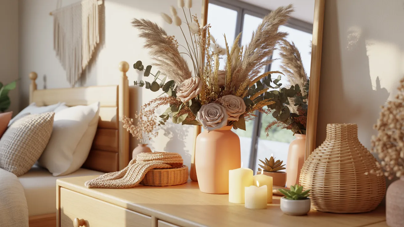 A cozy bedroom featuring a bed, a mirror, and a vase filled with dried flowers on a bedside table.