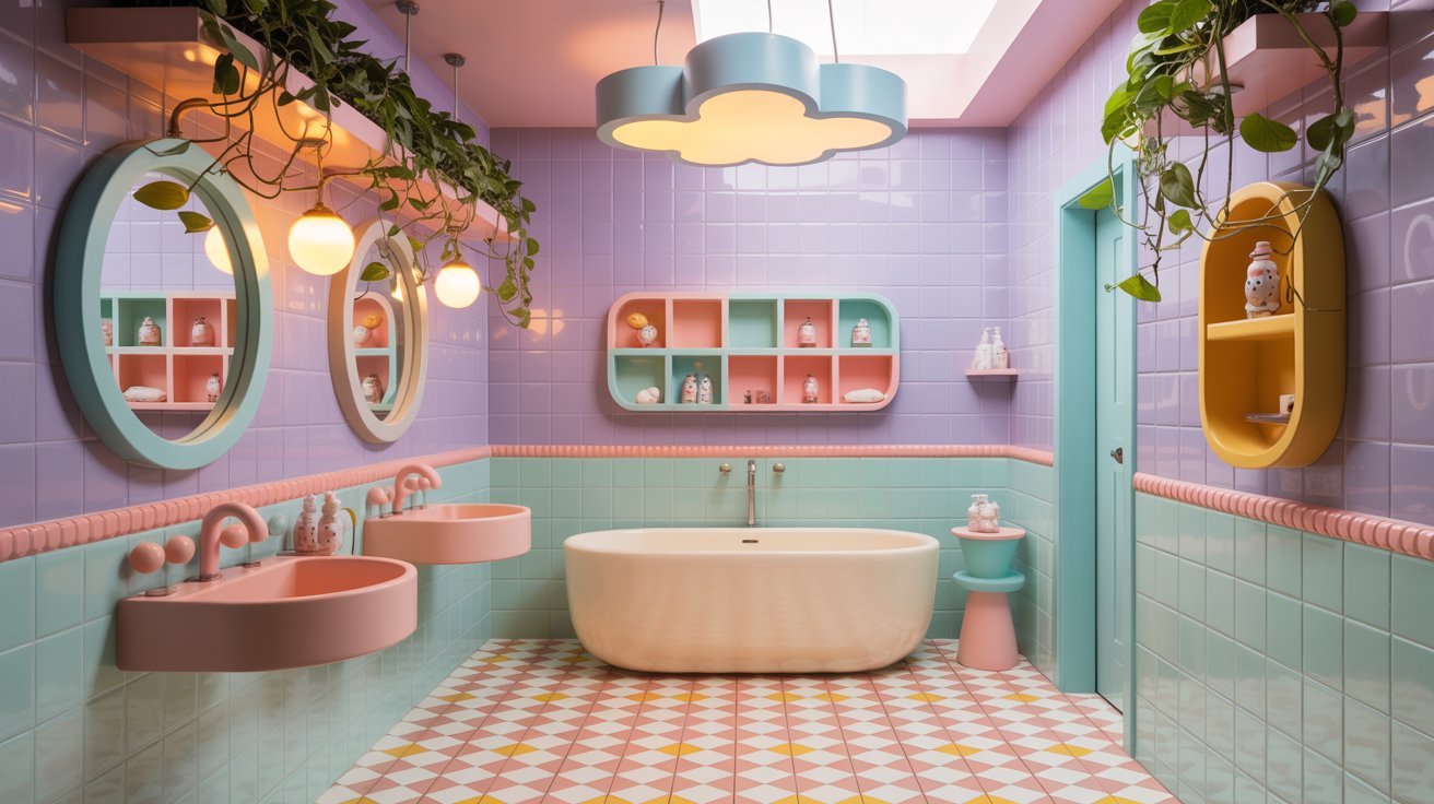 A modern bathroom with pink and blue walls, highlighted by a white bathtub as the focal point.