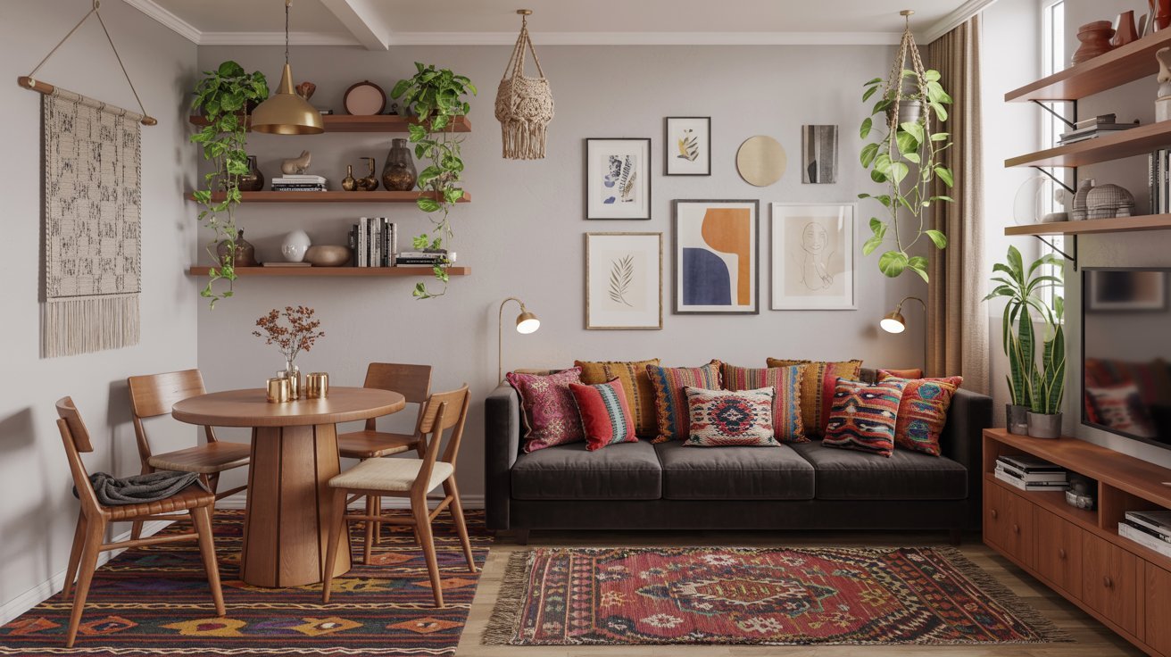 A cozy small living room featuring a couch, a table, and a decorative rug on the floor.