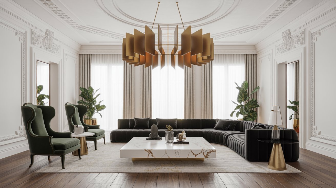 A luxurious living room featuring a large chandelier and elegant gold furniture.