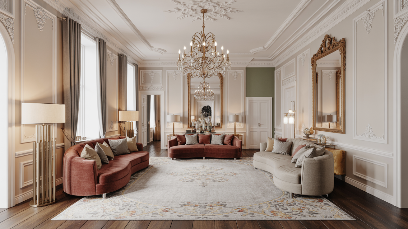  A stylish living room featuring a chandelier and elegant couches arranged for comfort and conversation.