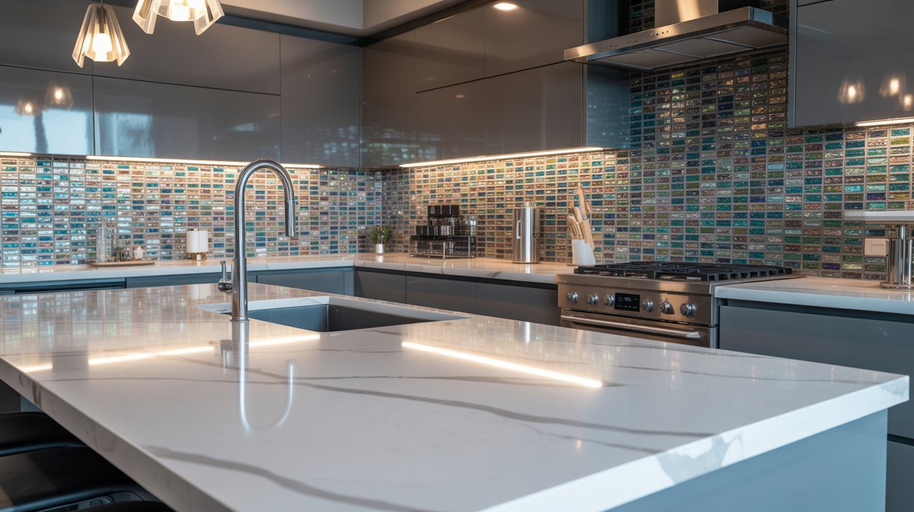 A modern kitchen featuring a sleek marble countertop and stainless steel appliances.