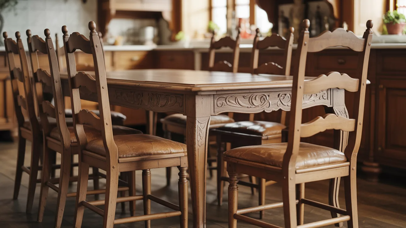 A kitchen featuring a wooden table and several chairs, creating a warm dining area.