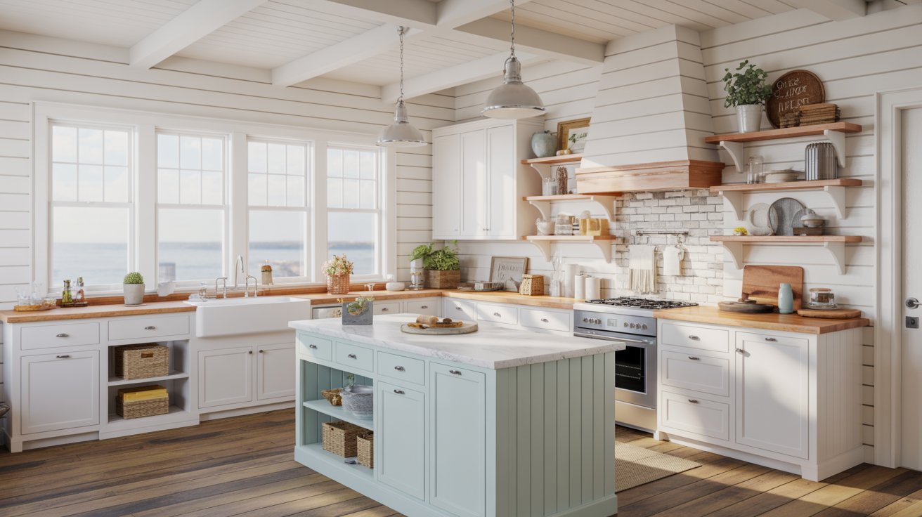 A modern kitchen featuring white cabinets and warm wooden floors, creating a bright and inviting atmosphere.