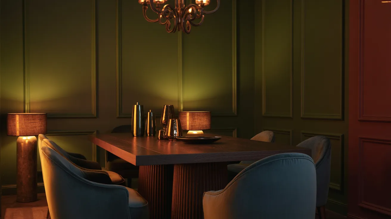 A dining room featuring green walls and an elegant chandelier hanging from the ceiling.