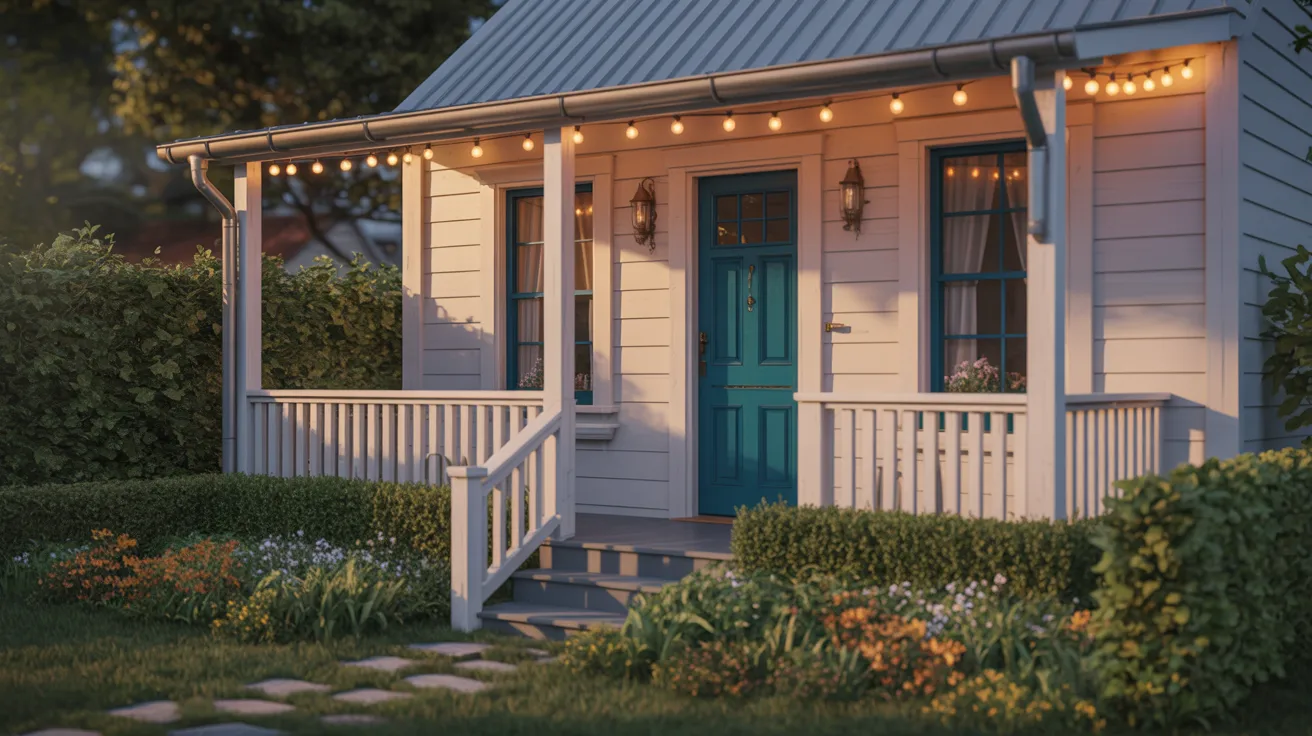 A small white cottage featuring a blue door and a welcoming porch.

