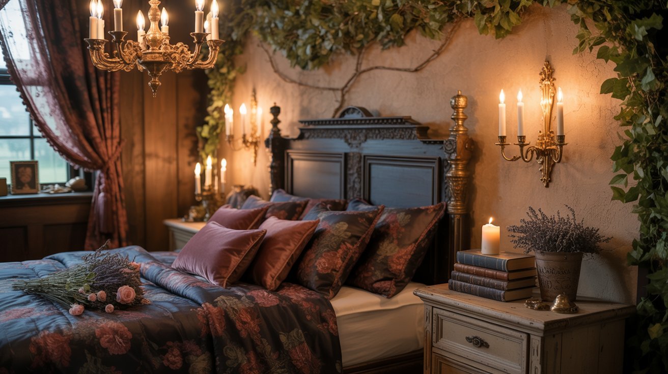 A cozy bedroom featuring a neatly made bed and softly glowing candles on a bedside table.