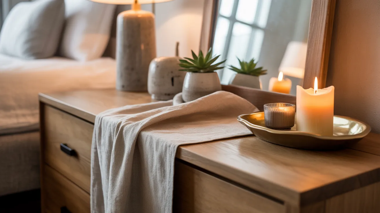 A bedside table featuring a lit candle and a small potted plant, creating a cozy atmosphere.