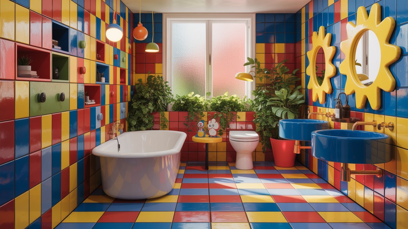 A vibrant bathroom featuring a bathtub, toilet, and sink, showcasing colorful decor and modern design elements.
