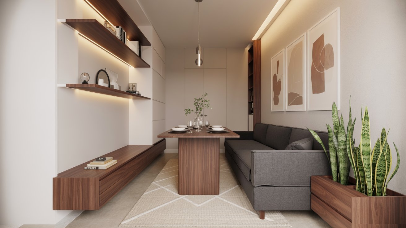  A modern apartment interior featuring a stylish couch and a sleek table, showcasing contemporary design elements.