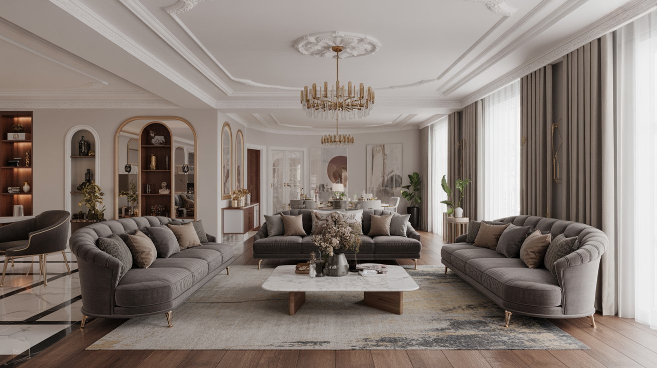 Chic luxury living room design with contemporary furniture, artistic decor, and a cozy, inviting atmosphere.