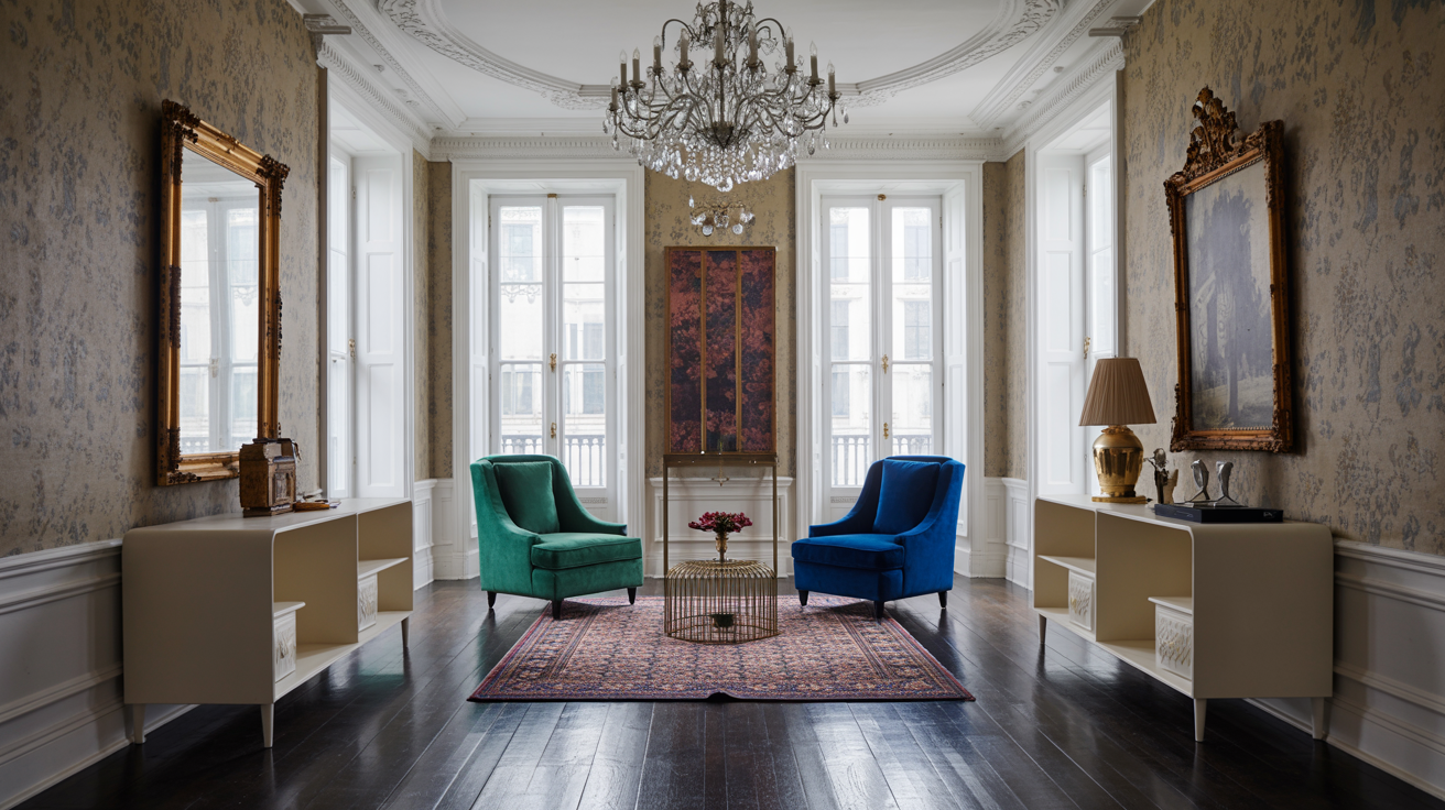  Interior view of a room with two chairs and a decorative chandelier overhead.
