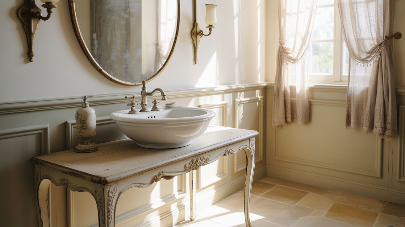 A clean bathroom featuring a sink and a mirror above it, reflecting the room's bright lighting.