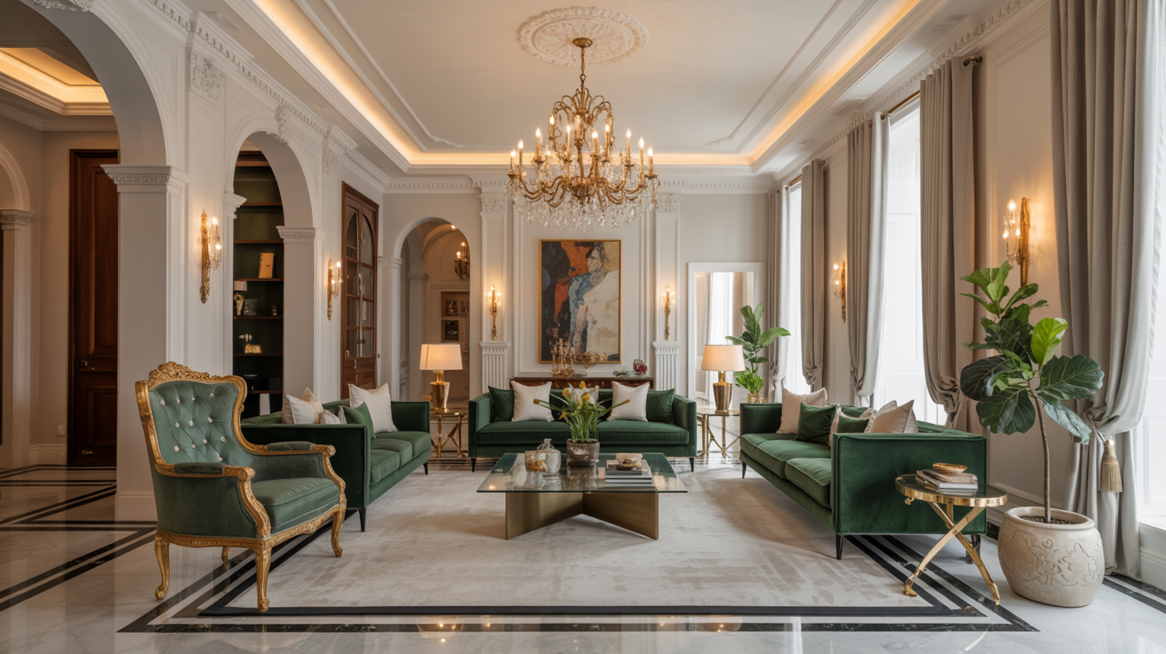 A living room featuring green furniture and an elegant chandelier hanging from the ceiling.