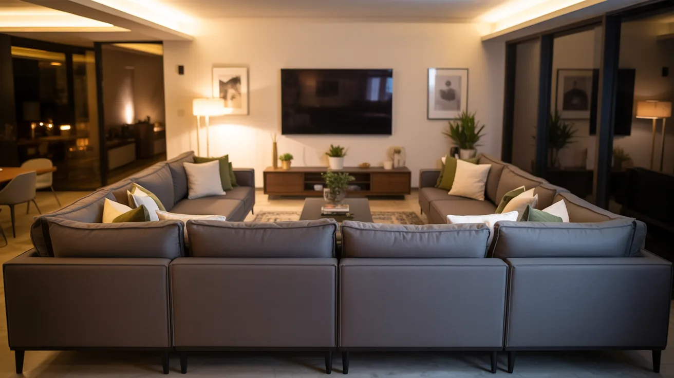A cozy living room featuring two couches and a television against a neutral wall.