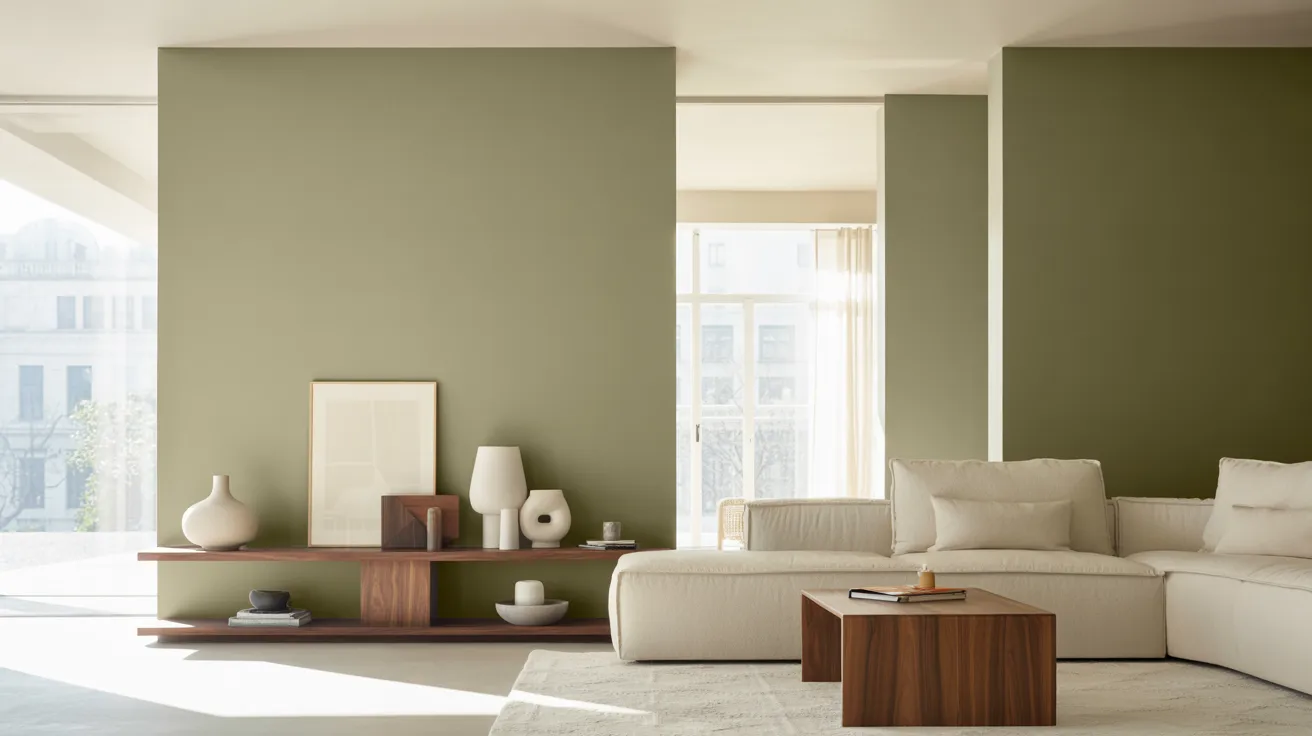 A minimalist living room with olive green walls, a white sectional sofa, and light wooden furniture. Soft natural light creates a serene atmosphere.