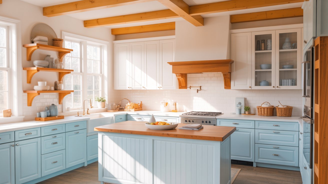 . A kitchen featuring blue cabinets and exposed wooden beams, creating a modern yet rustic atmosphere.