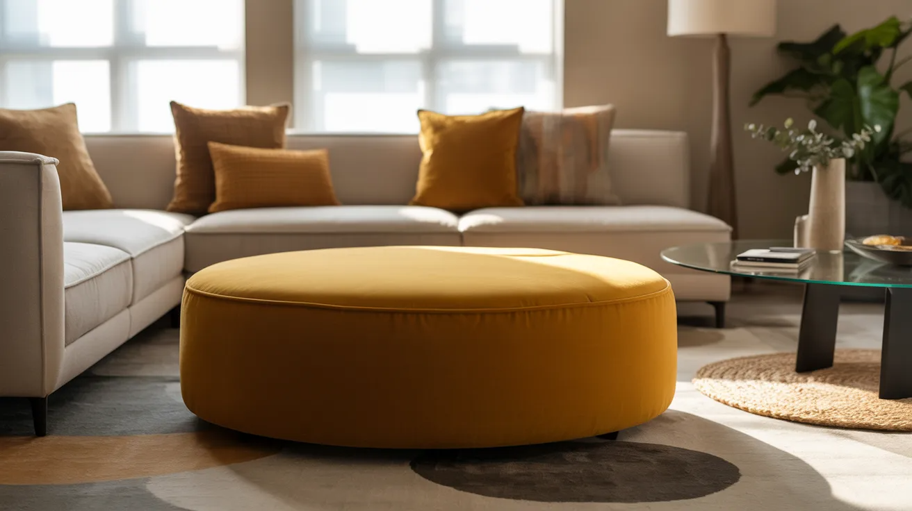 A cozy, sunlit living room features a mustard yellow round ottoman, a white sectional sofa with warm cushions, a glass coffee table, and a modern rug.