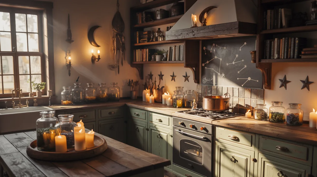 A cozy kitchen featuring candles and books neatly arranged on the shelves, creating a warm and inviting atmosphere.