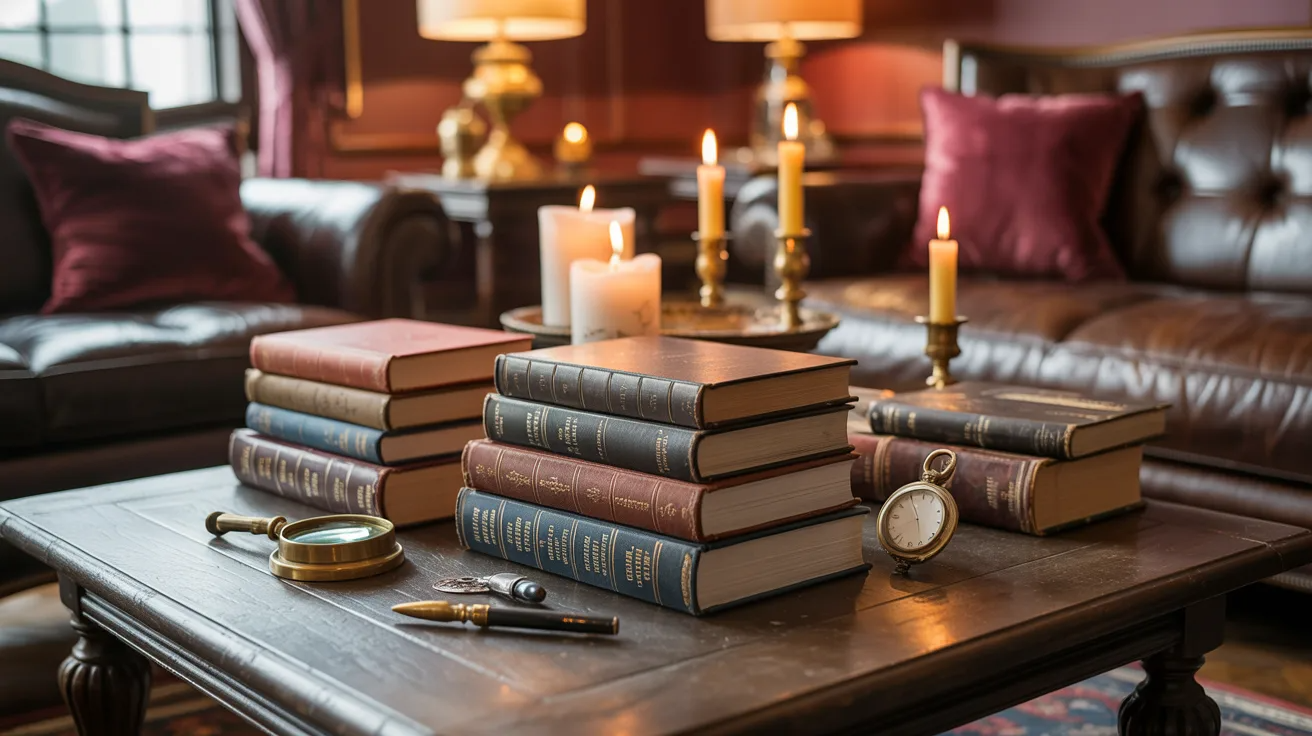 A cozy living room scene featuring a table with books and candles in front of a comfortable couch.