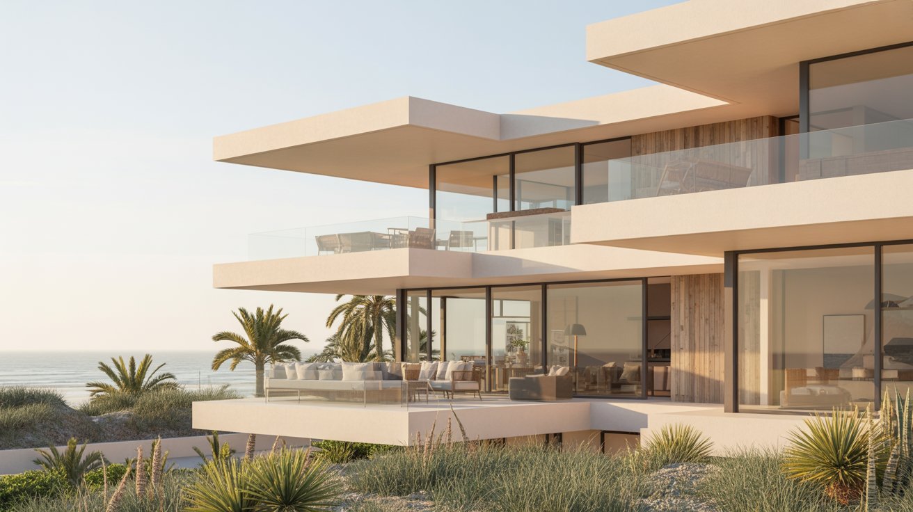 Stylish villa with an expansive balcony, providing stunning views of the ocean.