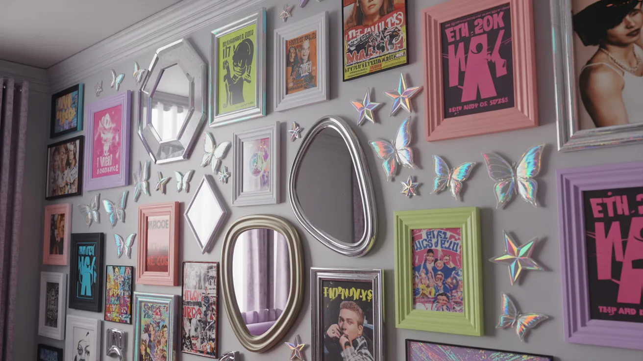 A wall adorned with various pictures and mirrors, creating a visually engaging and reflective display.