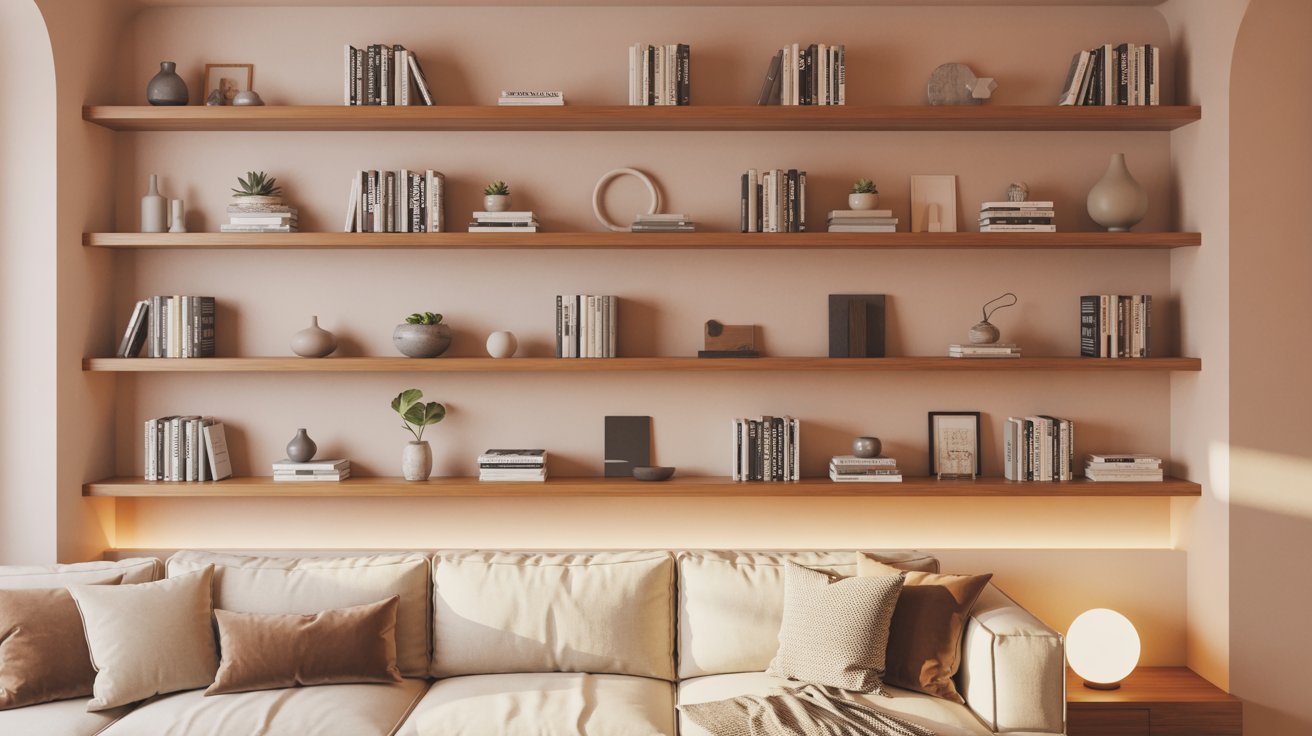 A cozy living room featuring a comfortable couch and well-stocked bookshelves against the walls.