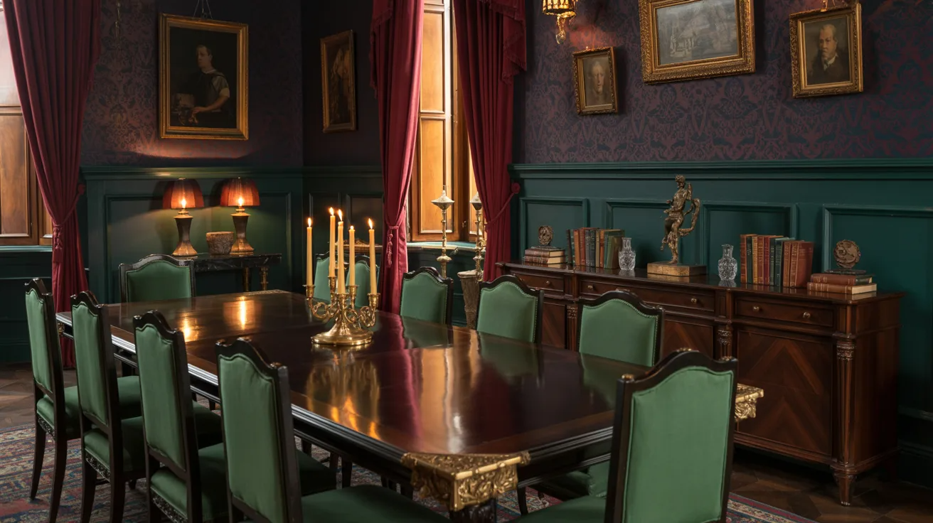 Elegant dining room in a castle, featuring a long wooden table, ornate chandeliers, and rich tapestries on the walls.