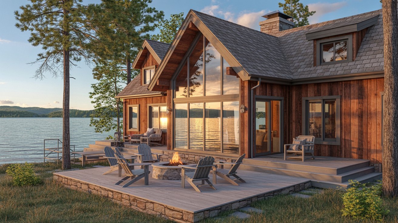 A cozy cabin by the water featuring a fire pit, surrounded by nature and reflecting a serene outdoor atmosphere.