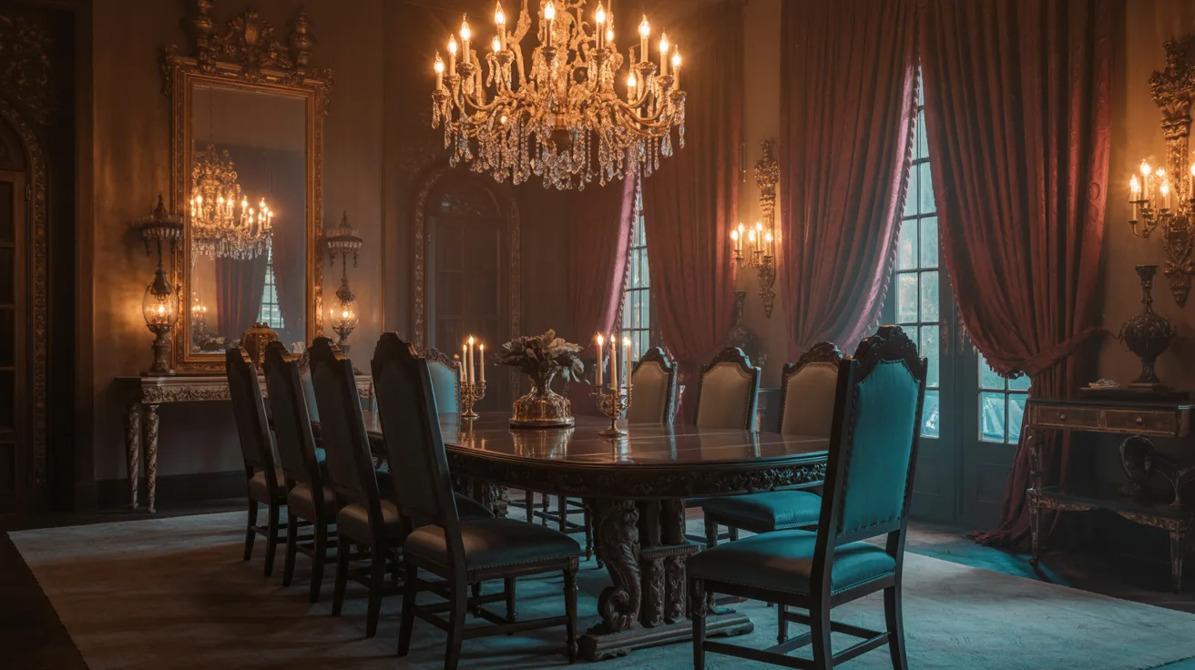 A dining room featuring an elegant chandelier above a set of chairs arranged around a polished table.