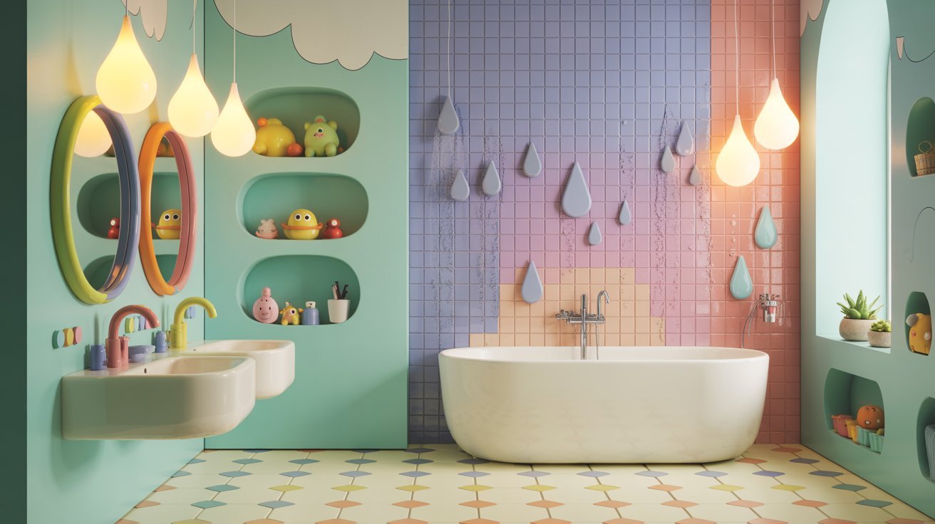 A vibrant bathroom featuring a colorful bathtub and sink, showcasing a cheerful and inviting atmosphere.
