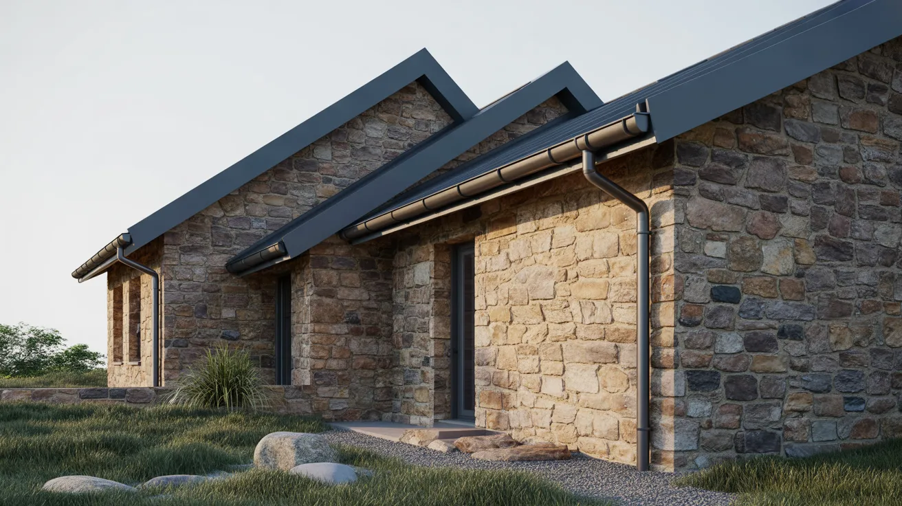 A stone house featuring a stone roof and stone walls, set against a clear blue sky.
