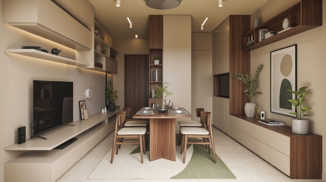 A modern living room featuring a stylish dining table surrounded by chairs, showcasing contemporary decor and design.