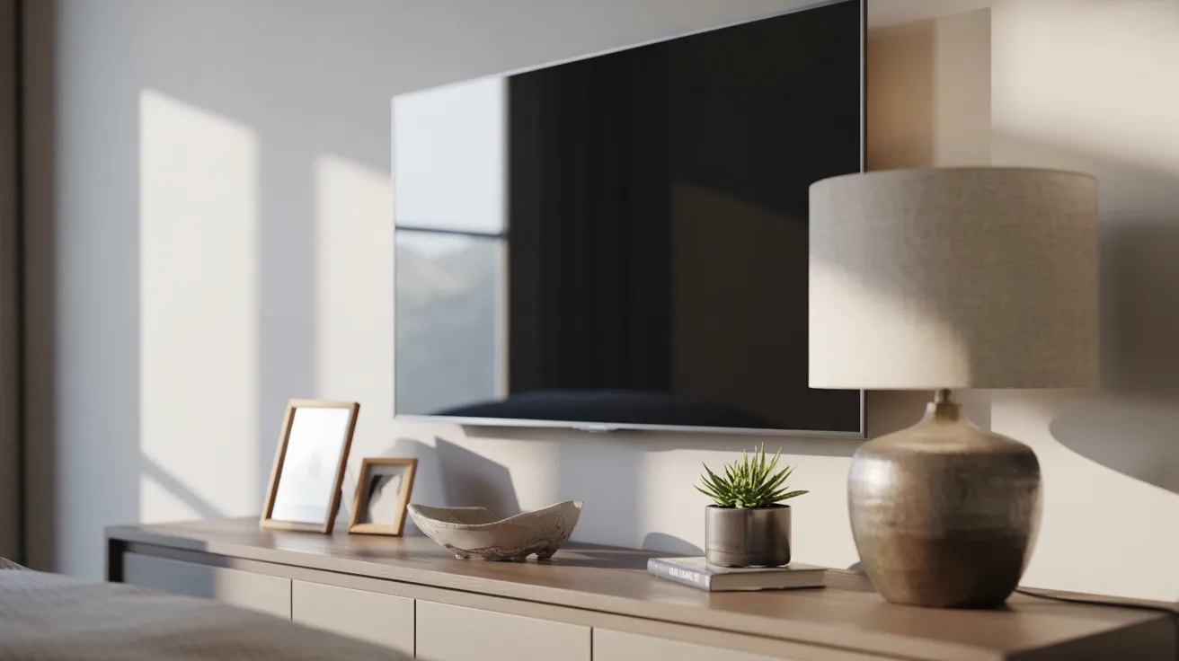 1. A modern bedroom featuring a wall-mounted television and contemporary decor.