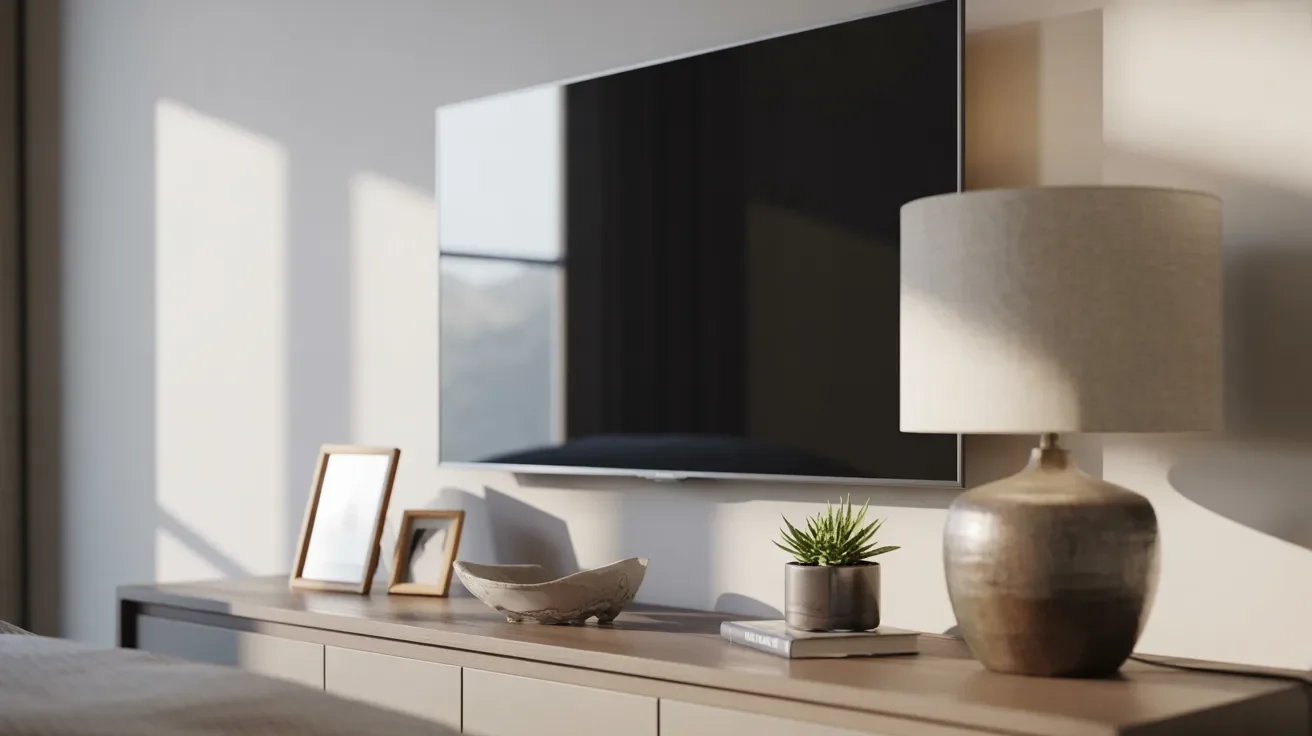 1. A modern bedroom featuring a wall-mounted television and contemporary decor.