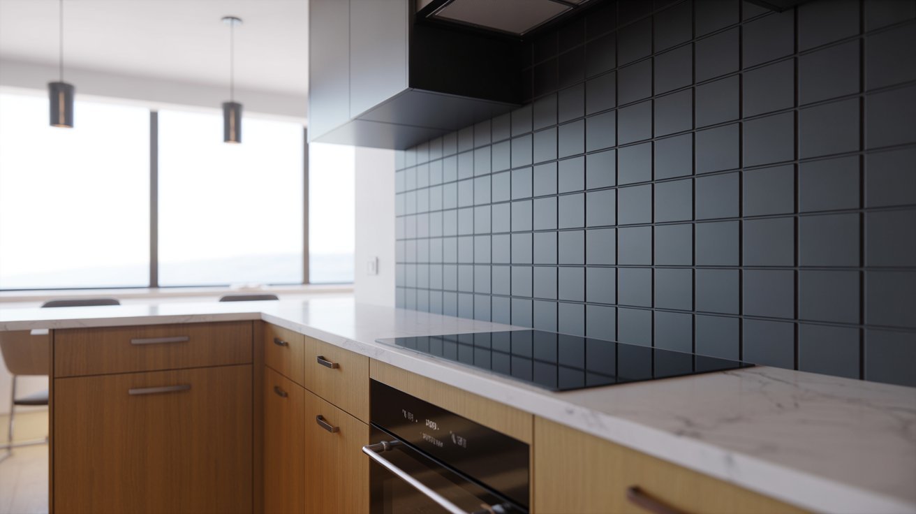 A stylish kitchen adorned with black tiles and wooden cabinets, offering a chic and cozy cooking space.