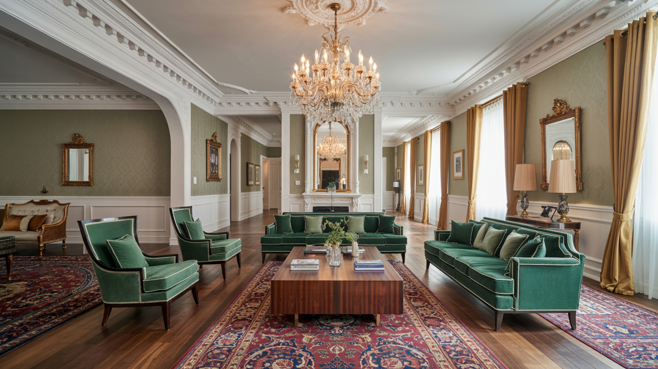 A luxurious hotel living room featuring elegant furniture, plush seating, and sophisticated decor.