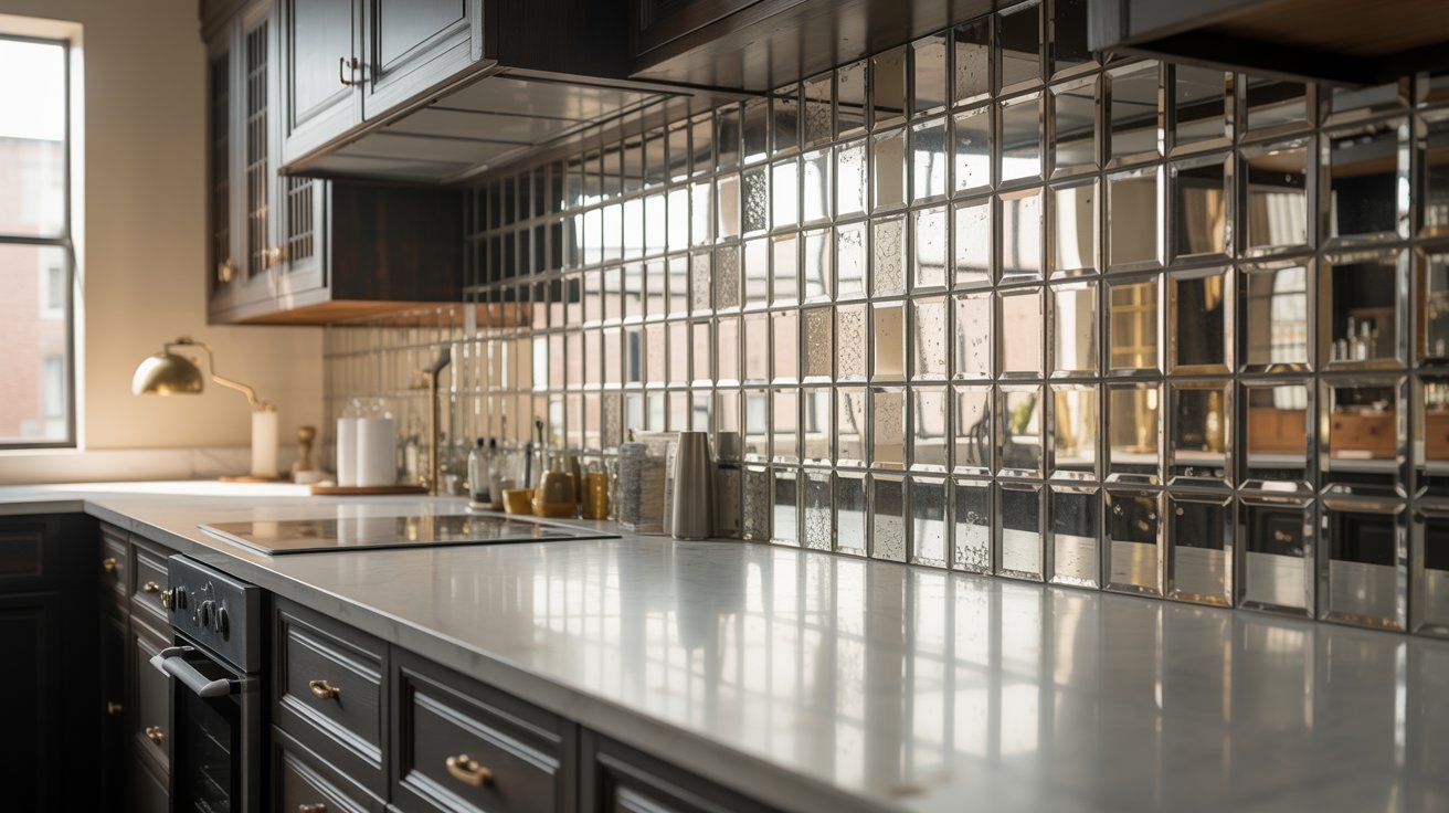  A modern kitchen featuring sleek black cabinets and a stylish glass tile backsplash.