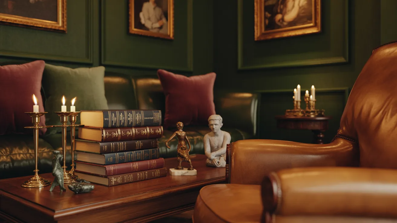 An inviting room showcasing a leather chair, an array of books, and candles that add a touch of warmth and charm.