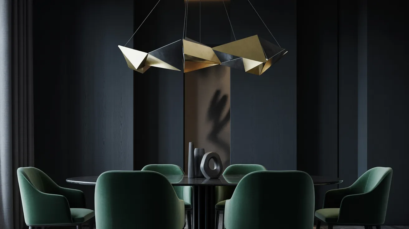 Contemporary dining space with sleek black walls and striking green chairs, offering a bold and elegant design.