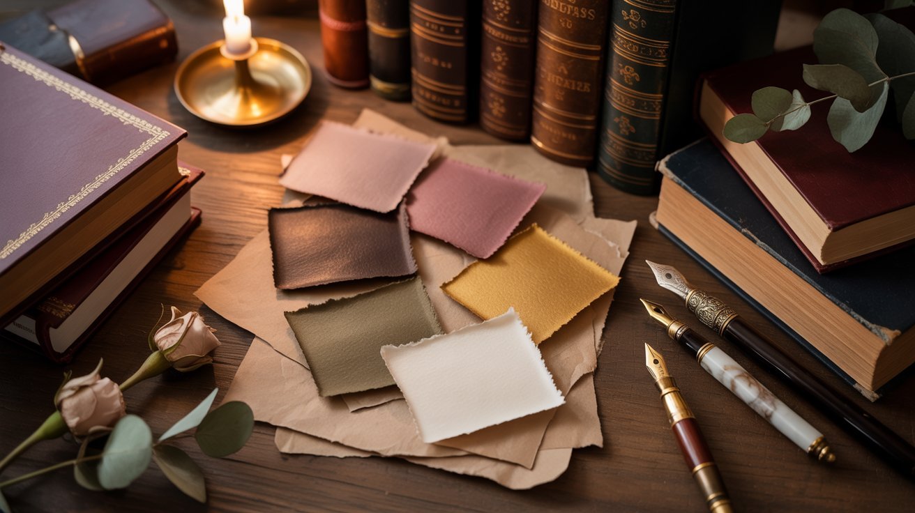 A table displaying various types of paper, pens, and books arranged neatly for writing and reading activities.