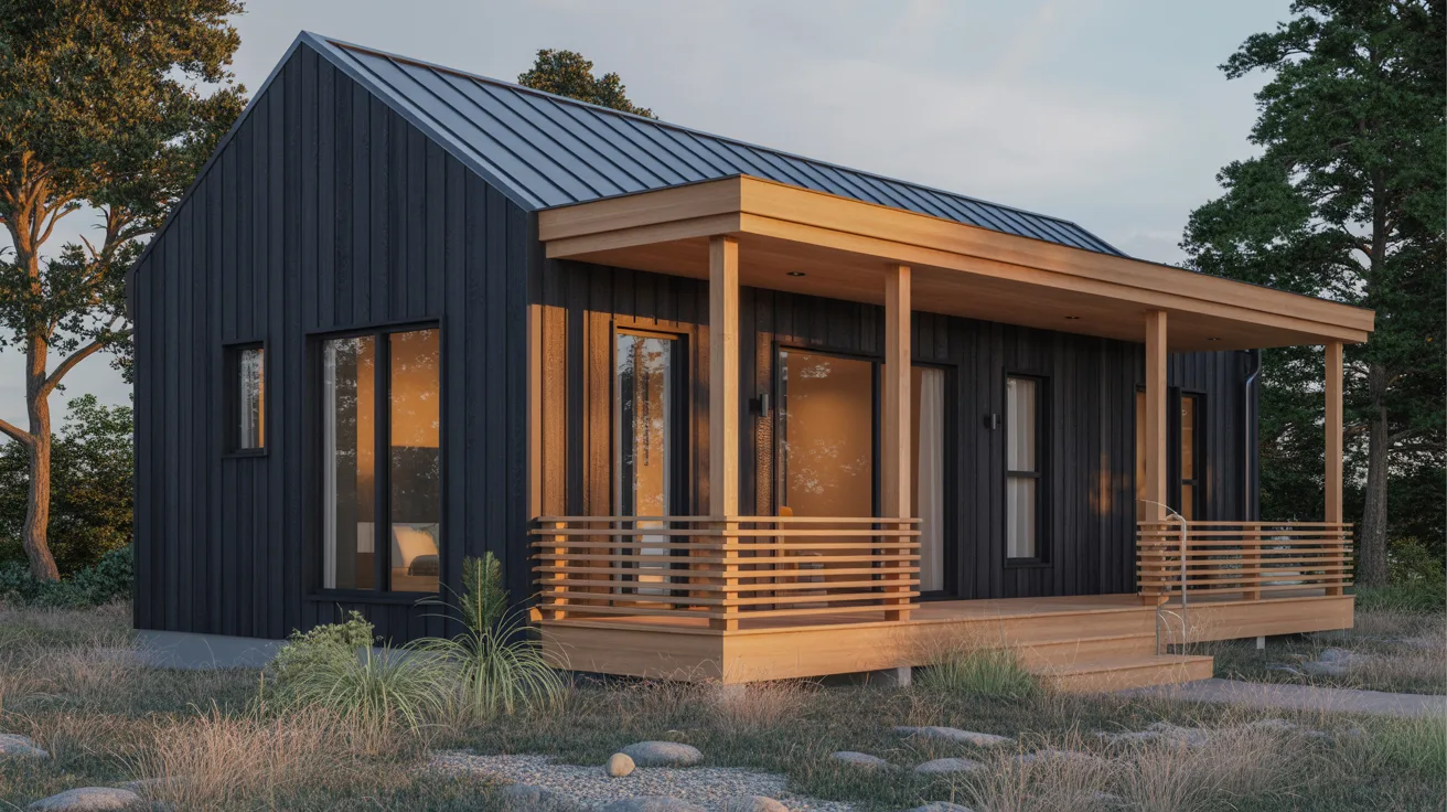 A modern tiny house featuring a porch and deck, showcasing contemporary design and outdoor living space.