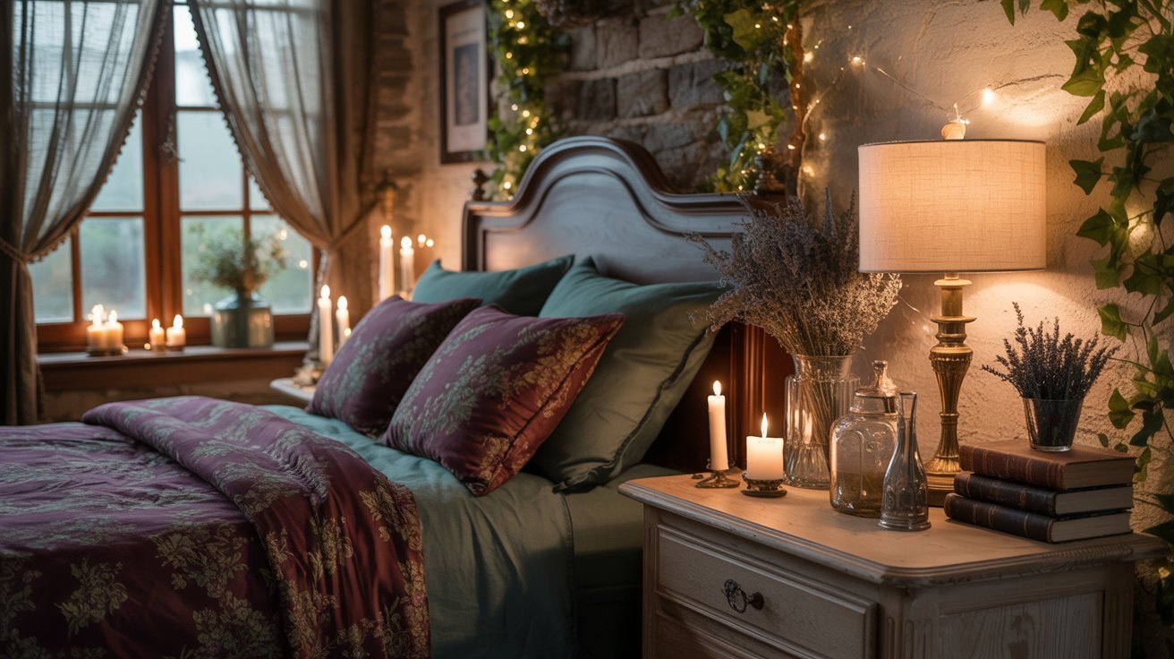 . A cozy bedroom featuring soft candlelight and lush green plants, creating a warm and inviting atmosphere.