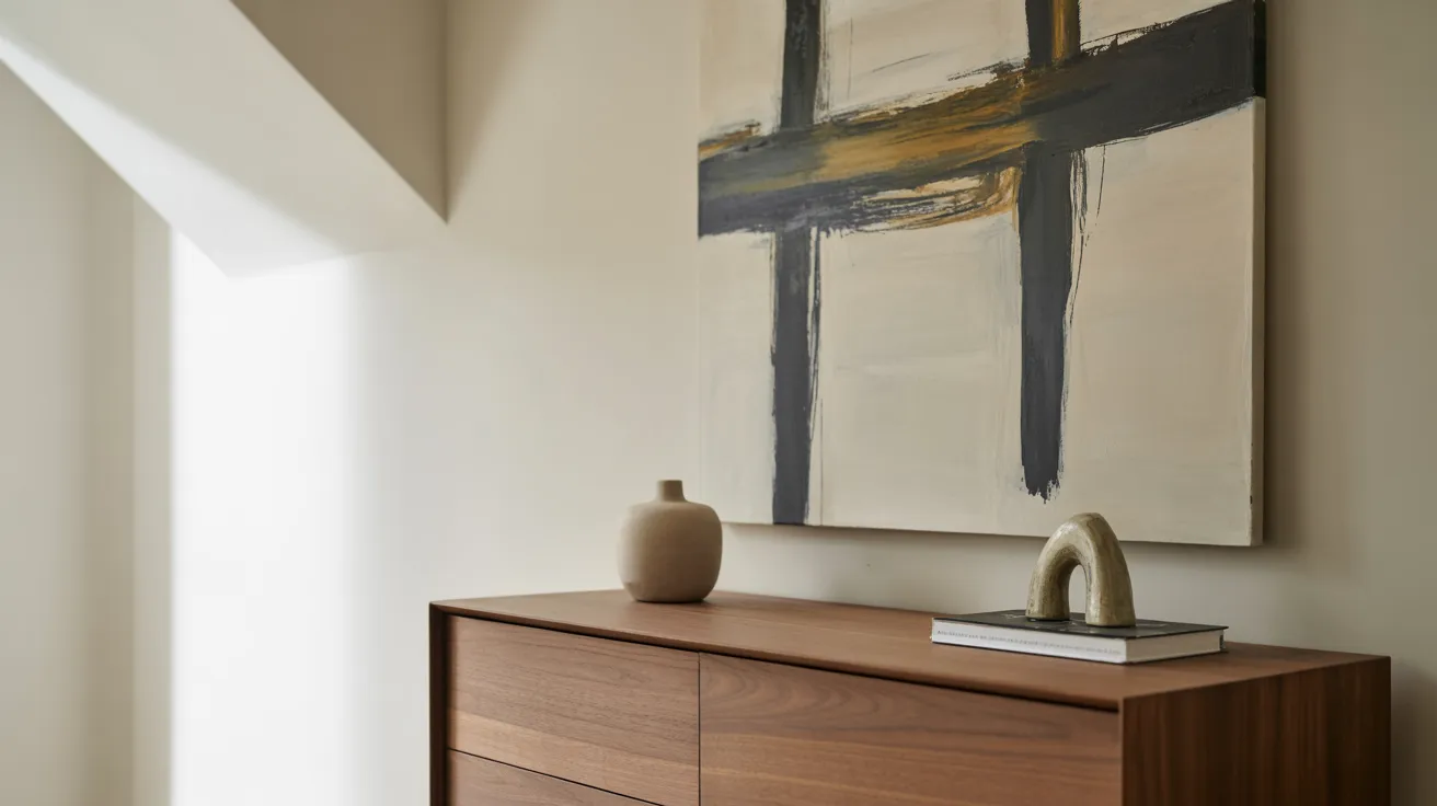 A sleek modern sideboard displaying a colorful painting on top, enhancing the contemporary decor of the room.